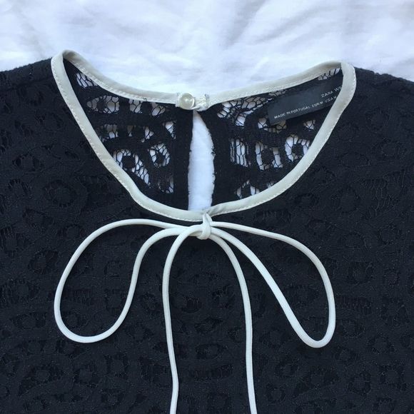 Zara M black lace long sleeve crop top white bow tie lacy shirt blouse witchy​ - Picture 11 of 15